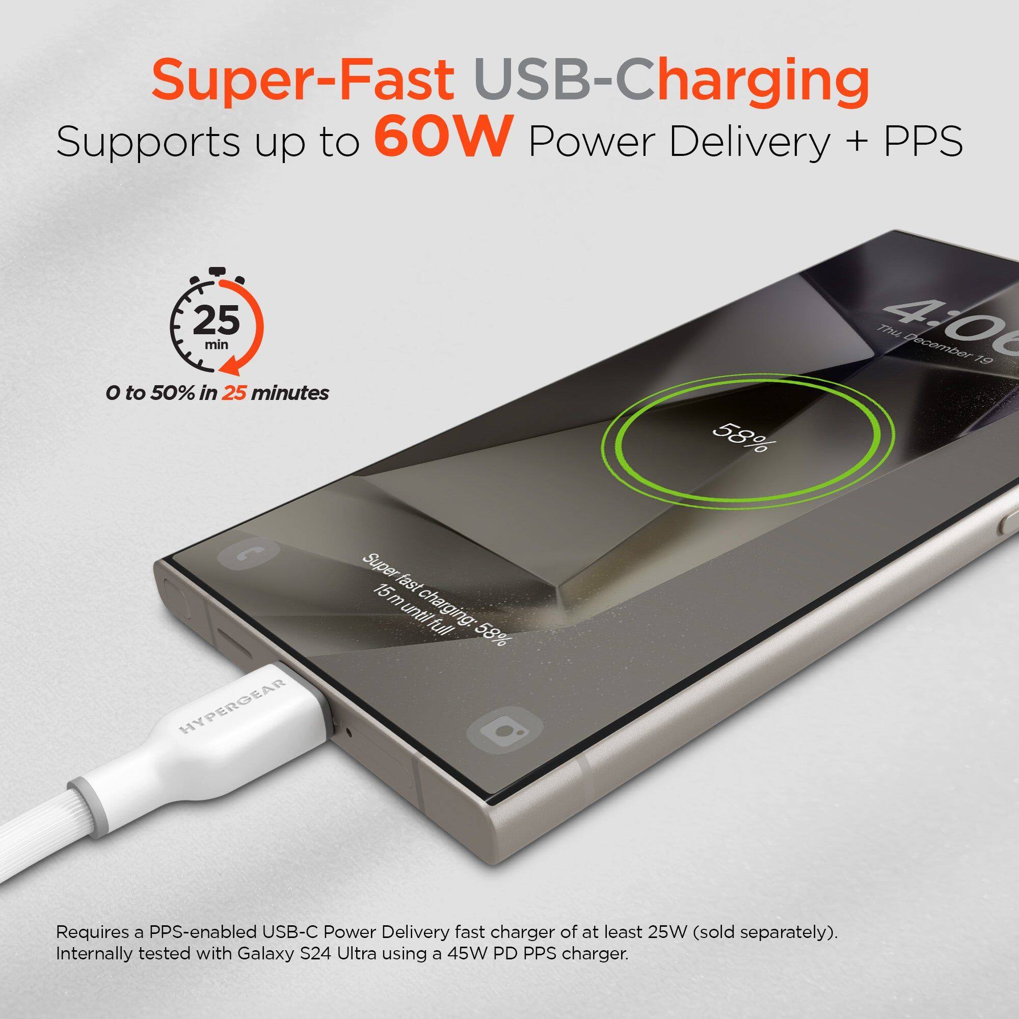 Super-Fast USB-Charging  
Supports up to 60W Power Delivery + PPS  
0 to 50% in 25 minutes  

Super fast 15m charging: until full 58%  

Requires a PPS-enabled USB-C Power Delivery fast charger of at least 25W (sold separately).  
Internally tested with Galaxy S24 Ultra using a 45W PD PPS charger.