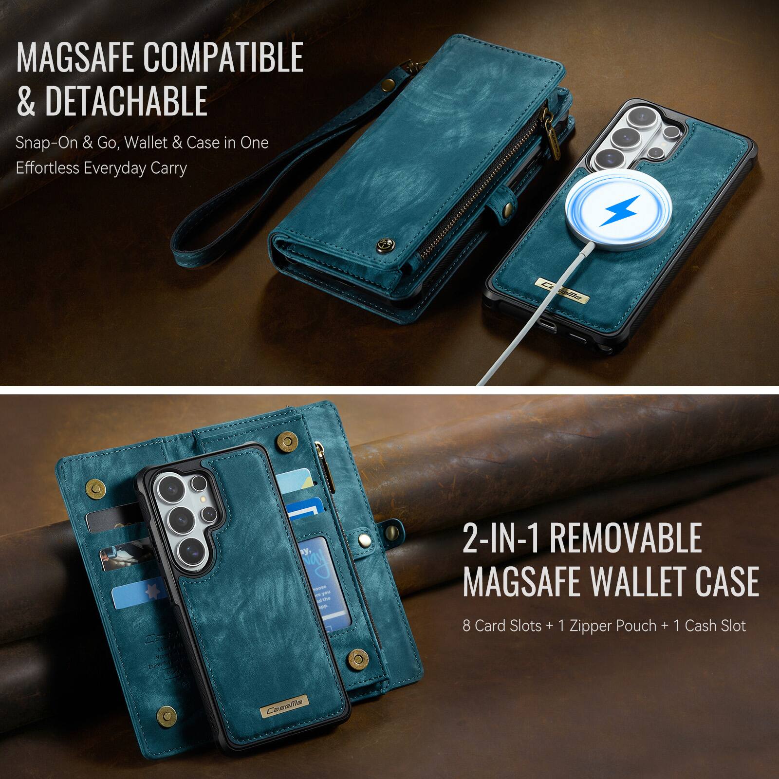 MAGSAFE COMPATIBLE & DETACHABLE  
Snap-On & Go, Wallet & Case in One  
Effortless Everyday Carry  

2-IN-1 REMOVABLE MAGSAFE WALLET CASE  
8 Card Slots + 1 Zipper Pouch + 1 Cash Slot