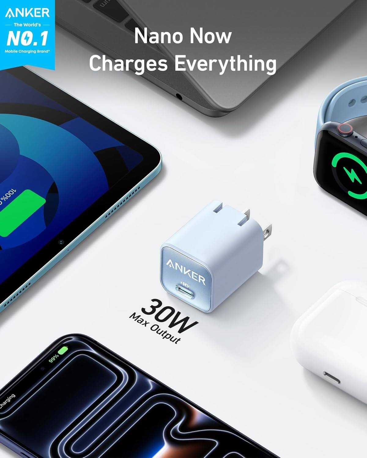ANKER  
The World's NO.1 Mobile Charging Brand  

Nano Now Charges Everything  

30W Max Output