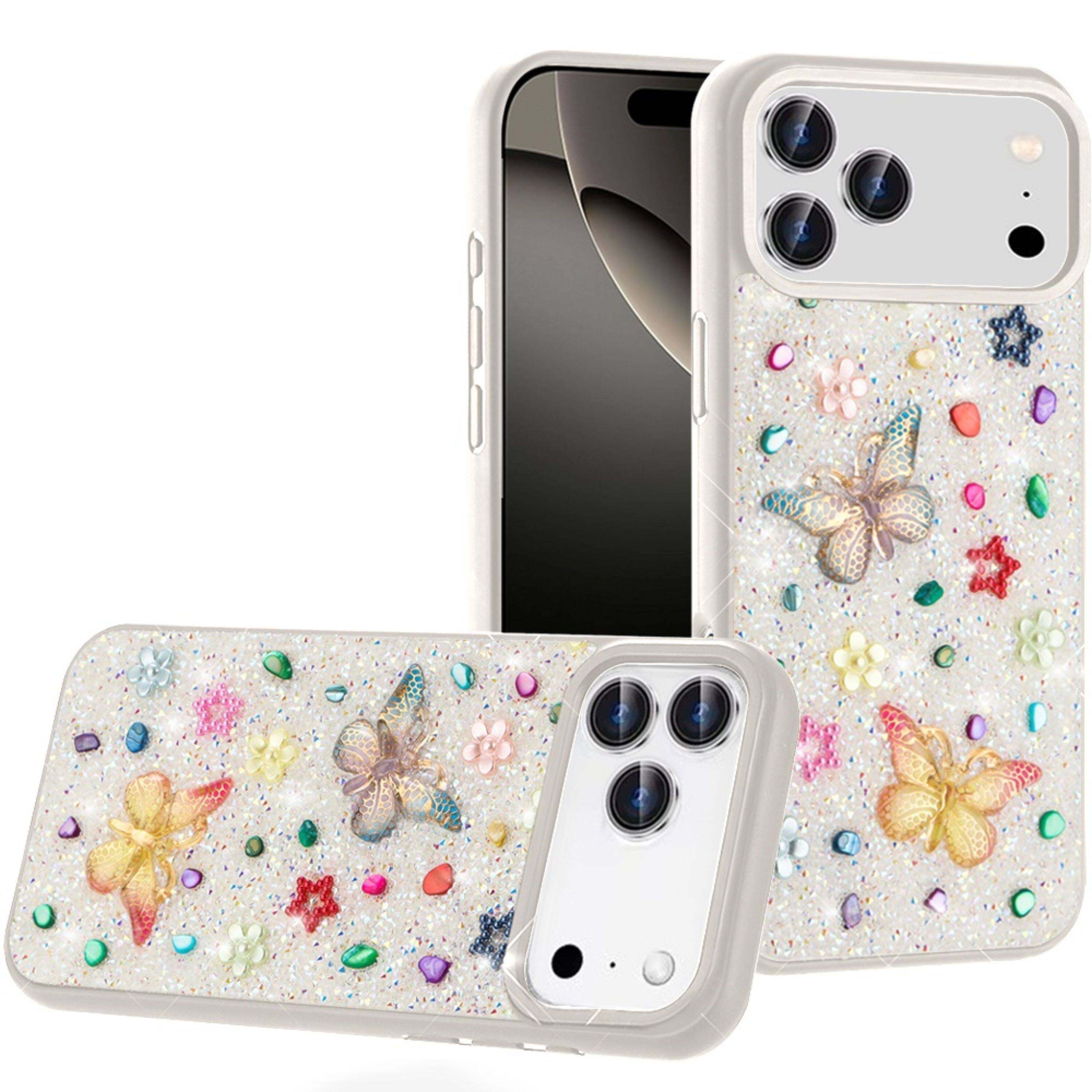 Kitcheniva - 3D Jewel Glitter Butterfly Design Phone Case With Tempered Glass For iPhone 17 Pro - White price history on PriceWatchPro