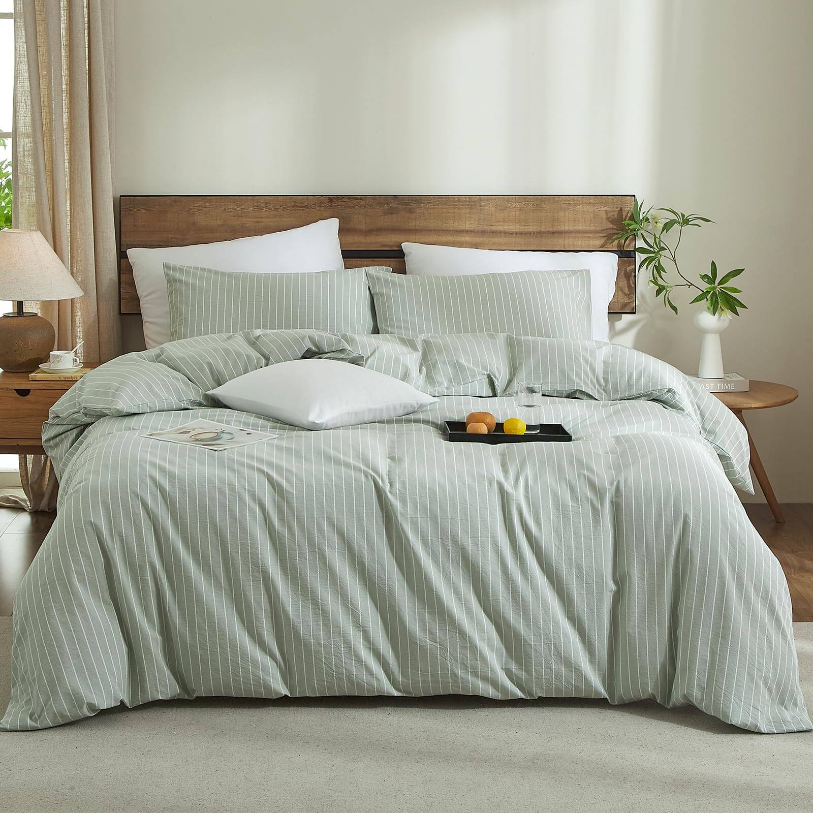 Left. PO3TICJUNKI3 - Striped Duvet Cover Set Washed Cotton Linen Feel Wrinkle Comfy Lightweight Bedding full Wide Stripe - Wide Stripe-white/Green-Full(80" x 90").