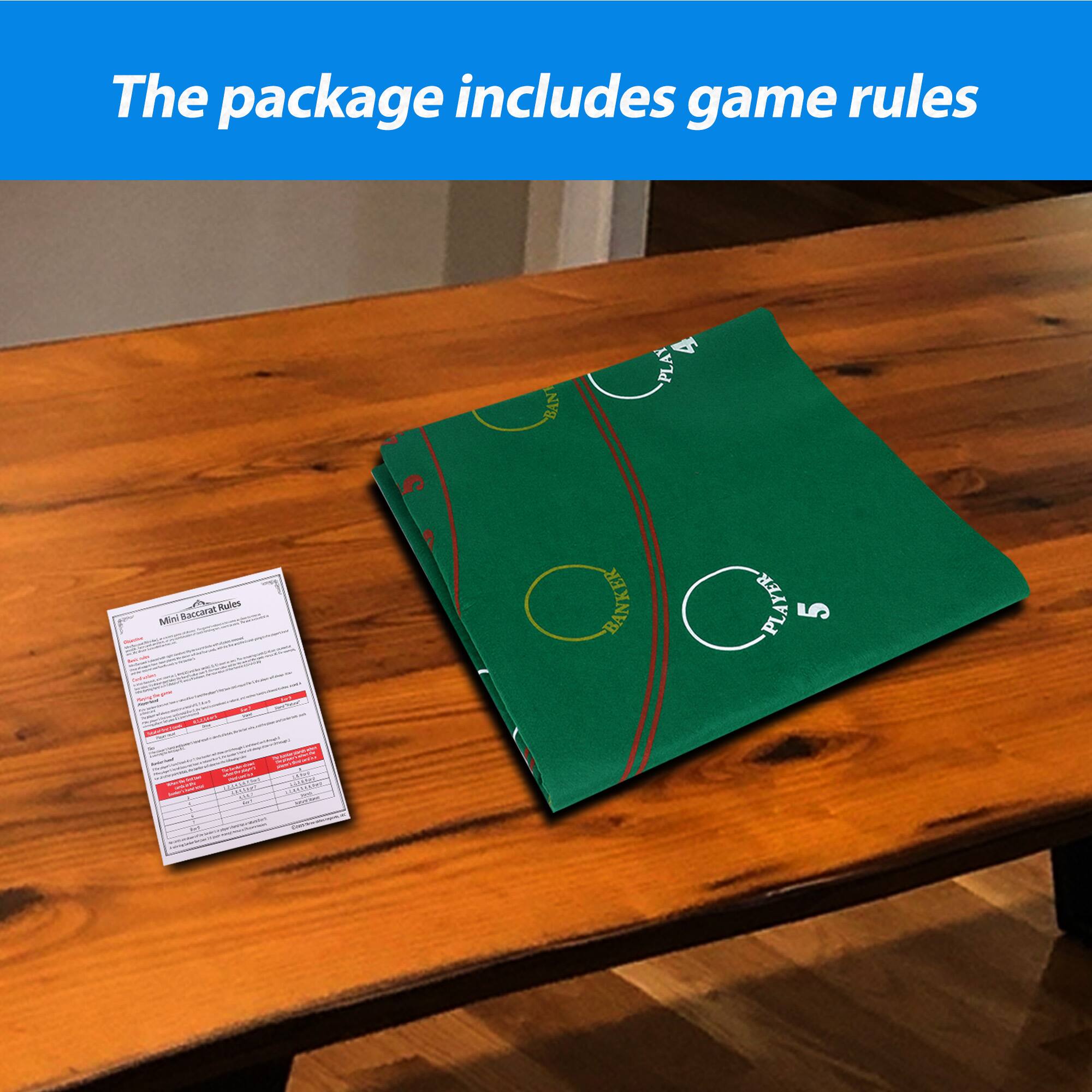 The package includes game rules

Mini Baccarat Rules

BANKER
PLAYER 5