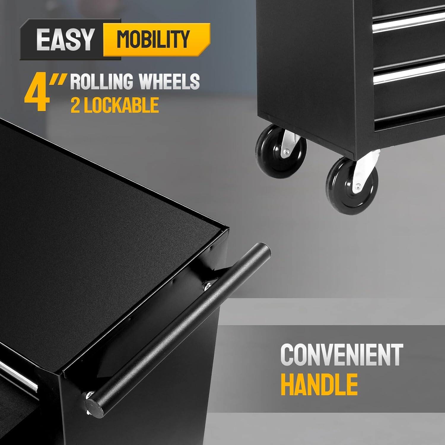 EASY MOBILITY  
4" ROLLING WHEELS  
2 LOCKABLE  

CONVENIENT HANDLE