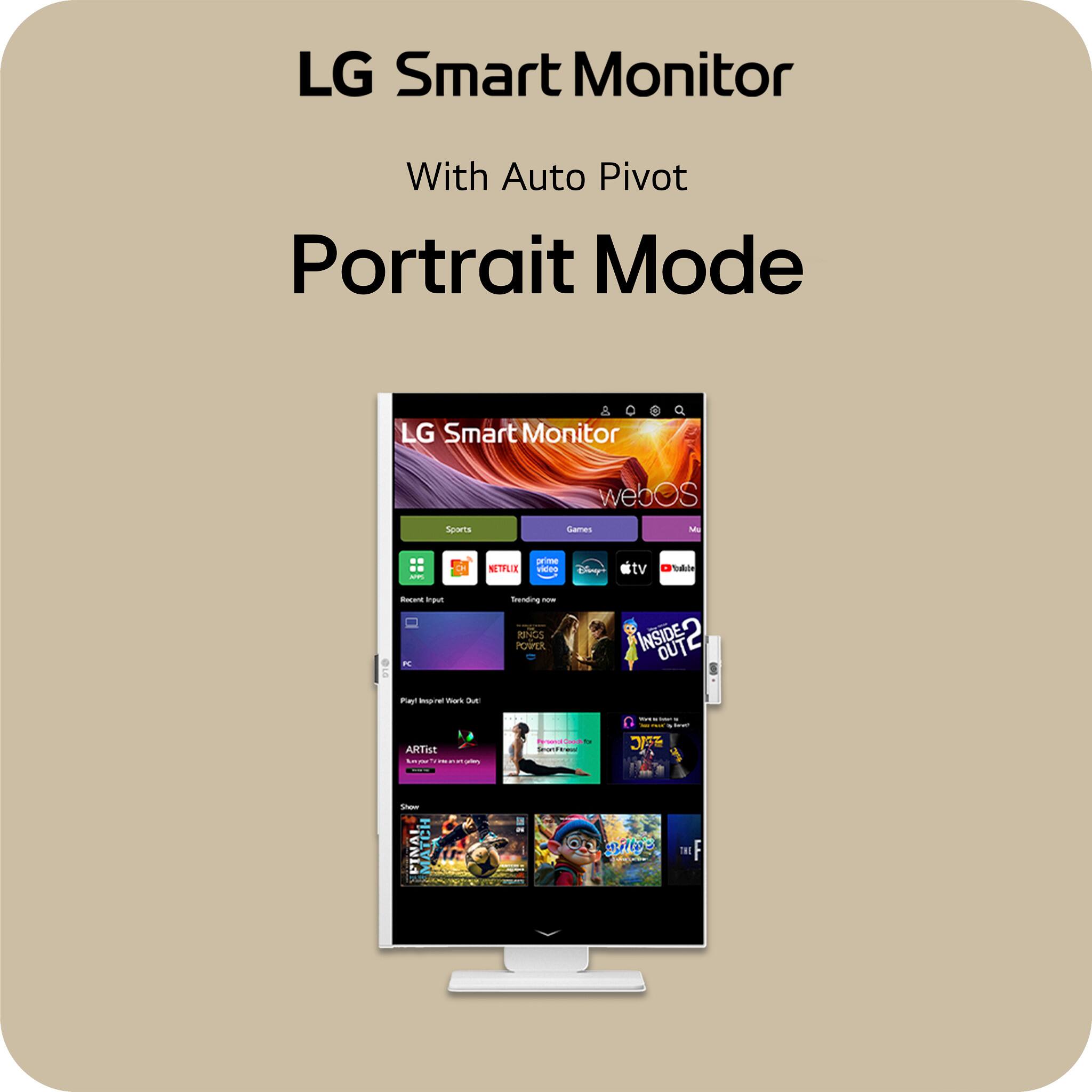 LG Smart Monitor  
With Auto Pivot  
Portrait Mode  

LG Smart Monitor  
webOS  

Sports  
Games  
Music  

Recent Input  
Trending  
Play Inspiring Work Out!  
ARTIST  
Show  

INSIDE OUT 2  
RONDS  
POVER  
INSIDE OUT 2  
ARTHE  
FINAI MATCH  
Silo THE F