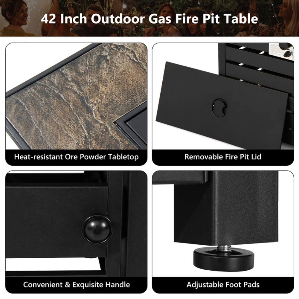 42 Inch Outdoor Gas Fire Pit Table

- Heat-resistant Ore Powder Tabletop
- Removable Fire Pit Lid
- Convenient & Exquisite Handle
- Adjustable Foot Pads