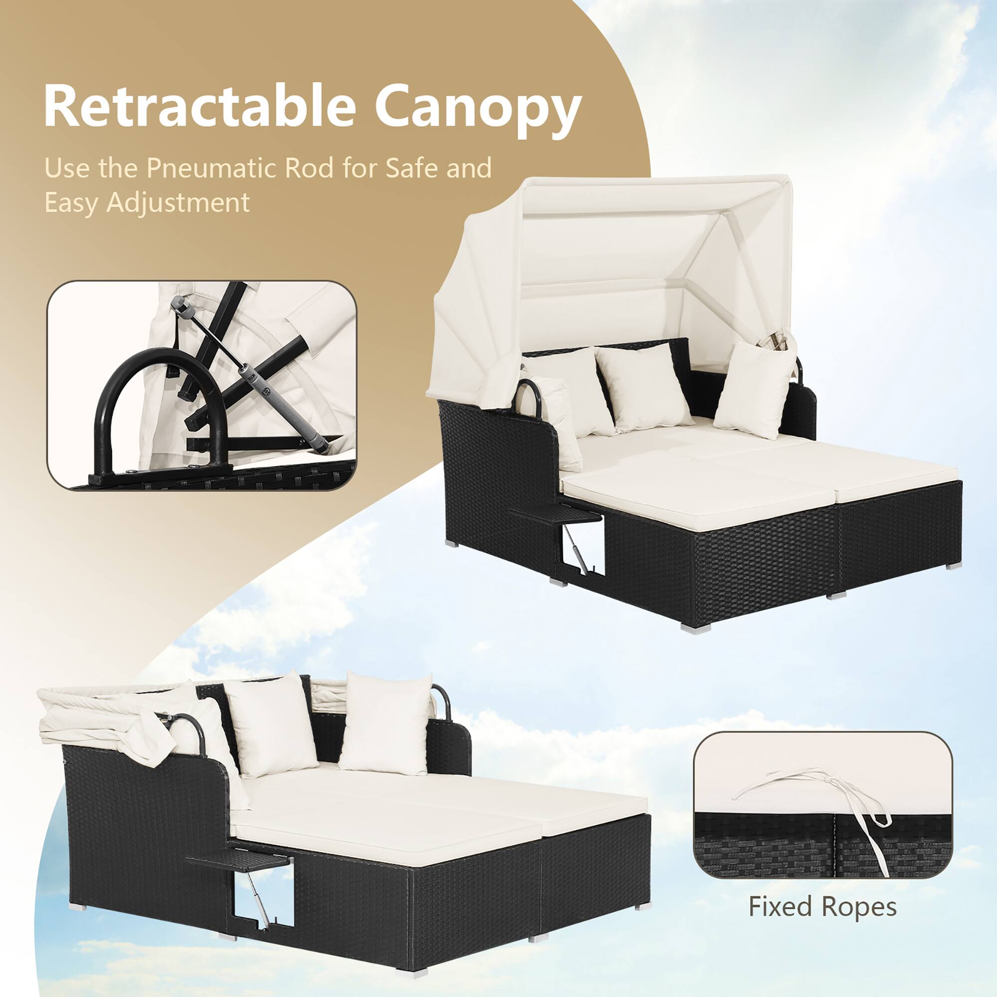Retractable Canopy  
Use the Pneumatic Rod for Safe and Easy Adjustment  

Fixed Ropes