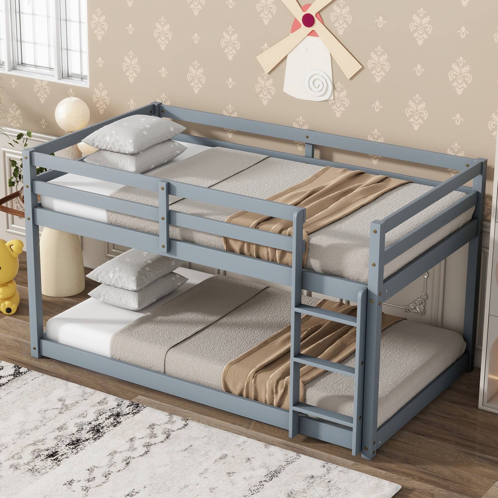 Alt View 4. Ecooso - Solid Wooden, Solid Rubber Wooden Twin over Twin Floor Bunk Bed with Ladder, with Bed Platform of Strengthened Slats - Grey.