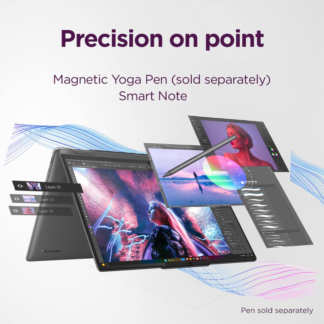 Precision on point, Magnetic Yoga Pen (sold separately), Smart Note, Layer 01, Layer 02, Layer 03, Pen sold separately