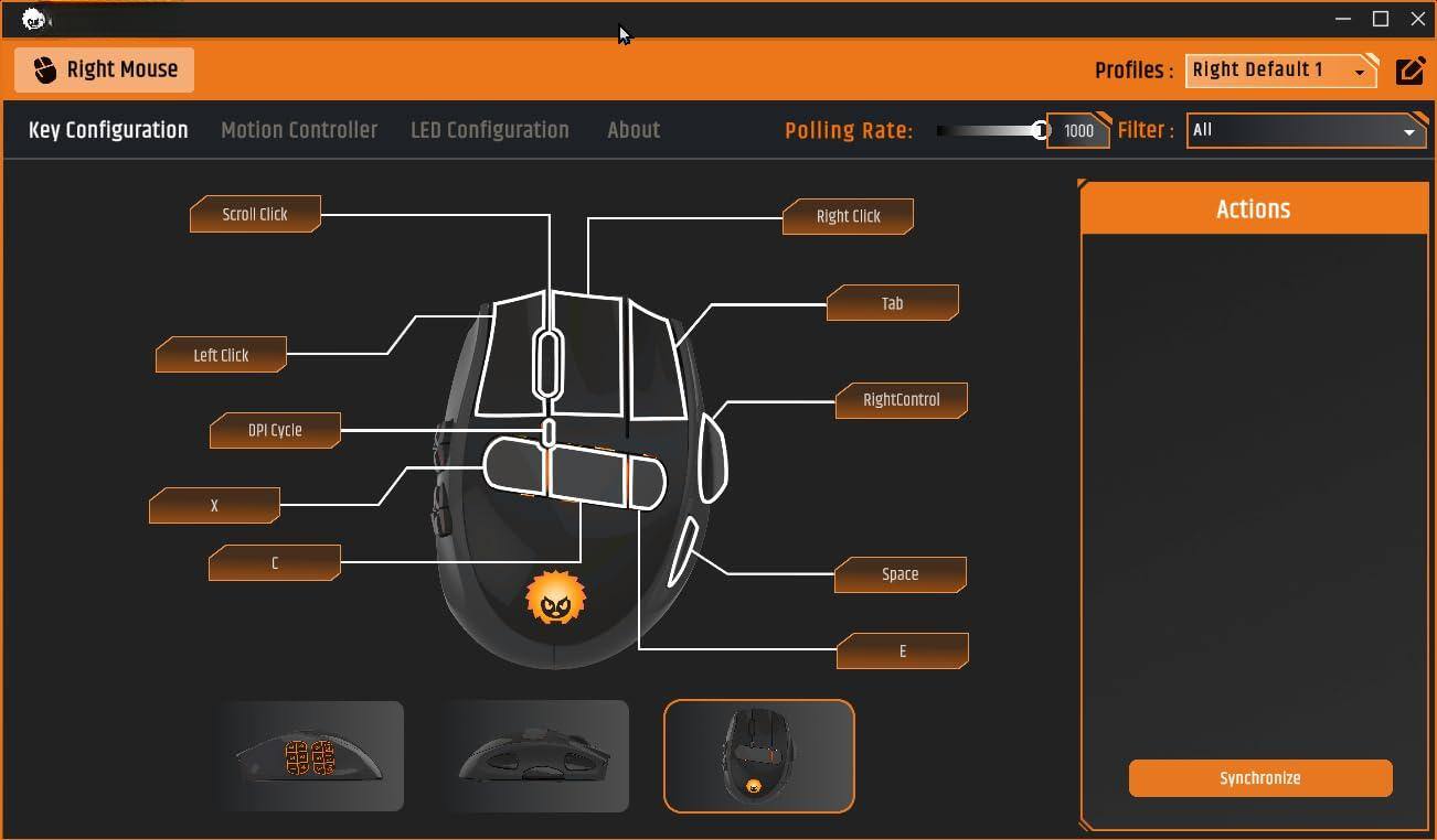 Sure, here is the corrected and grouped text from the image:

---

**Right Mouse**

- **Profiles:** Right Default 1
- **Polling Rate:** 1000
- **Filter:** All

**Key Configuration:**
- Scroll Click
- Left Click
- DPI Cycle
- X
- C
- Right Click
- Tab
- RightControl
- Space
- E

**Actions:**
- Synchronize

**Tabs:**
- Key Configuration
- Motion Controller
- LED Configuration
- About

---