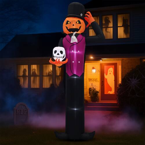 Alt View 6. Winado - 12FT Halloween Inflatable Pumpkin Man Holding Skull with Built-in Lights for Holiday Outdoor Party Garden Decorations - Orange & Purple & Black.