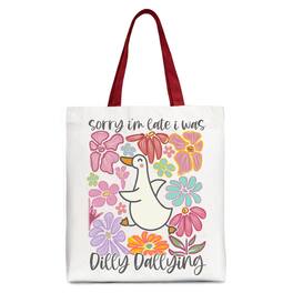 OrnamentallyYou - Sorry I'm Late I Was Dilly Dallying Goose Canvas Tote Bag, Cute Flowers Women Gift - White Red