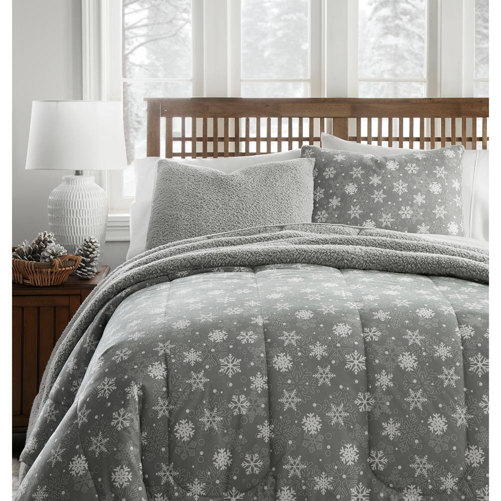 Alt View 1. Shavel Home Products - Micro Flannel Reverse to Sherpa Comforter Set, Twin, Snowflakes Gray - Snowflakes gray.