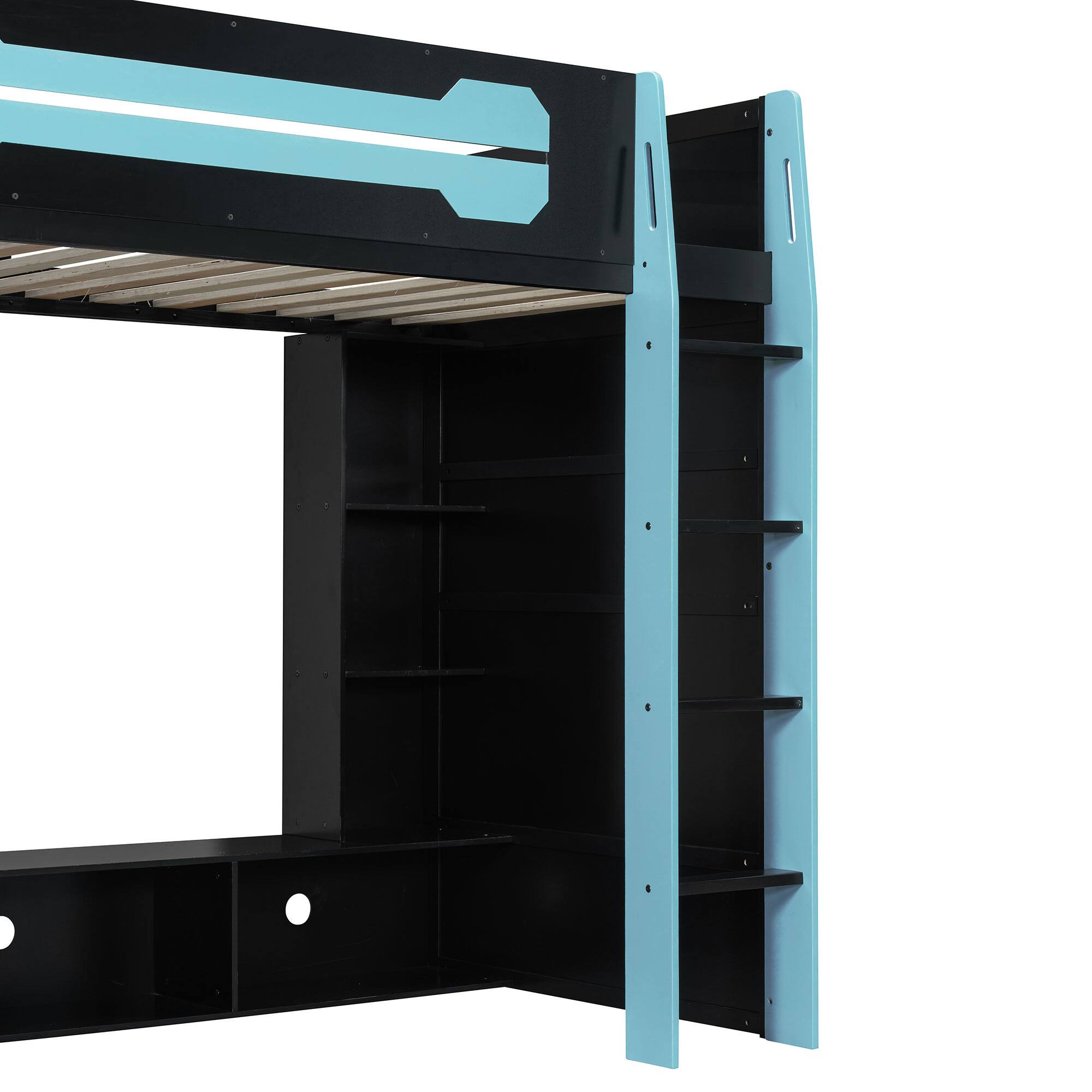 Alt View 2. Anysun - Twin Size Wood Loft Bed with Desk, Multi-storage Shelves and RGB Light - Blue.