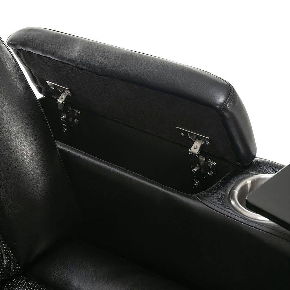 Back. Kadyn - 270° Swivel PU Leather Power Home Theater Recliner with Tray Table, Phone Holder, Cup Holder, USB Port & Arm Storage - Black.