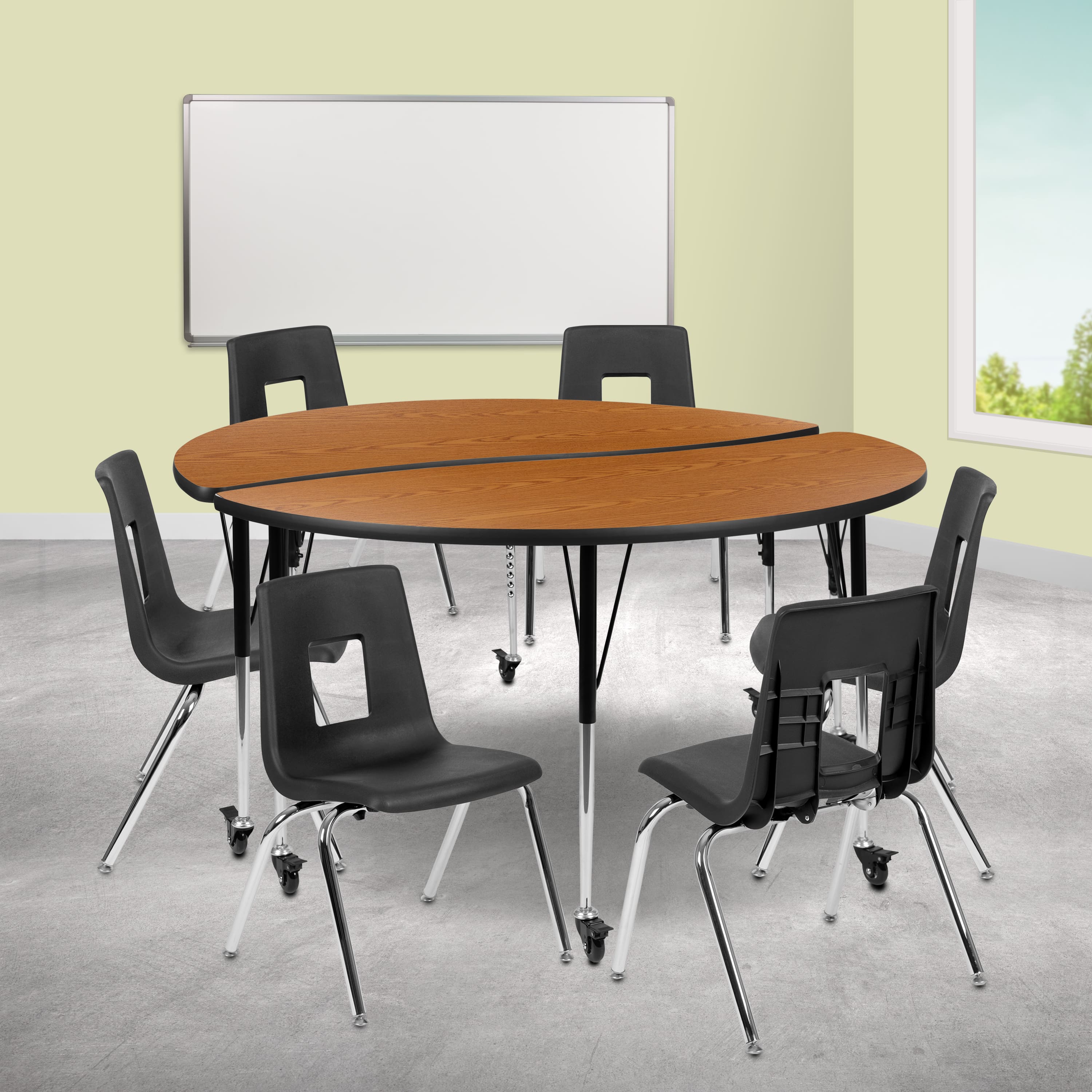 "Emma + Oliver - Mobile 60"" Circle Wave Collaborative Laminate Activity Table Set with 18"" Student Stack Chairs, Grey/Black - Oak" price history on PriceWatchPro