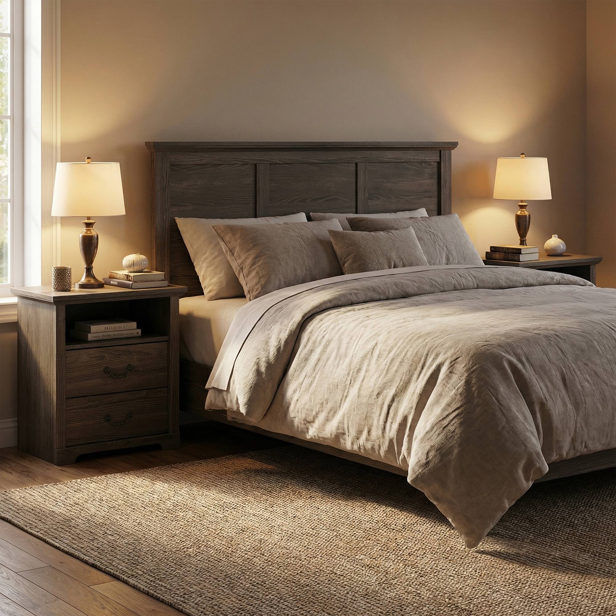 Left. Vaczon - Rustic Grey Nightstands (Set of 2) with Open Shelf and 2 Drawers - Grey.