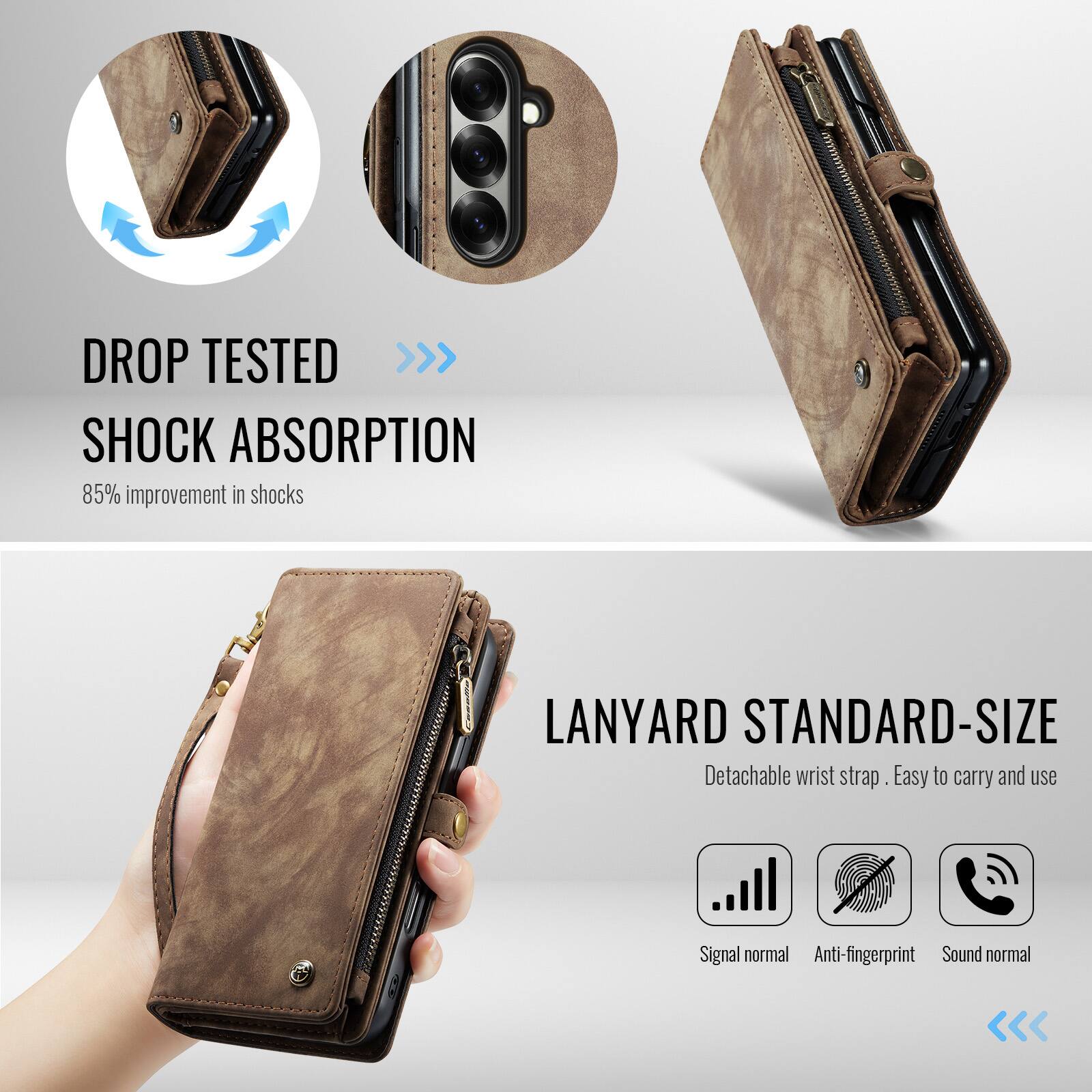 DROP TESTED >>> SHOCK ABSORPTION  
85% improvement in shocks  

LANYARD STANDARD-SIZE  
Detachable wrist strap. Easy to carry and use  

Signal normal  
Anti-fingerprint  
Sound normal
