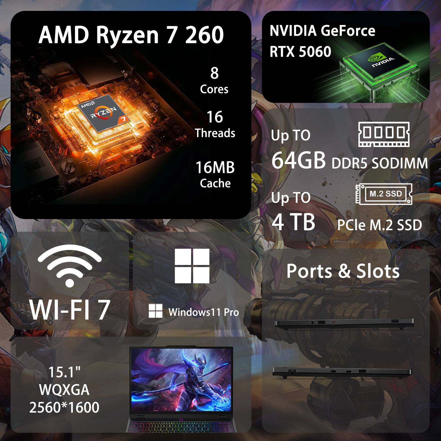 AMD Ryzen 7 2600  
8 Cores  
16 Threads  
16MB Cache  

NVIDIA GeForce RTX 5060  

Up to 64GB DDR5 SODIMM  
Up to 4TB PCIe M.2 SSD  

Wi-Fi 7  
Windows 11 Pro  

15.1" WQXGA 2560*1600