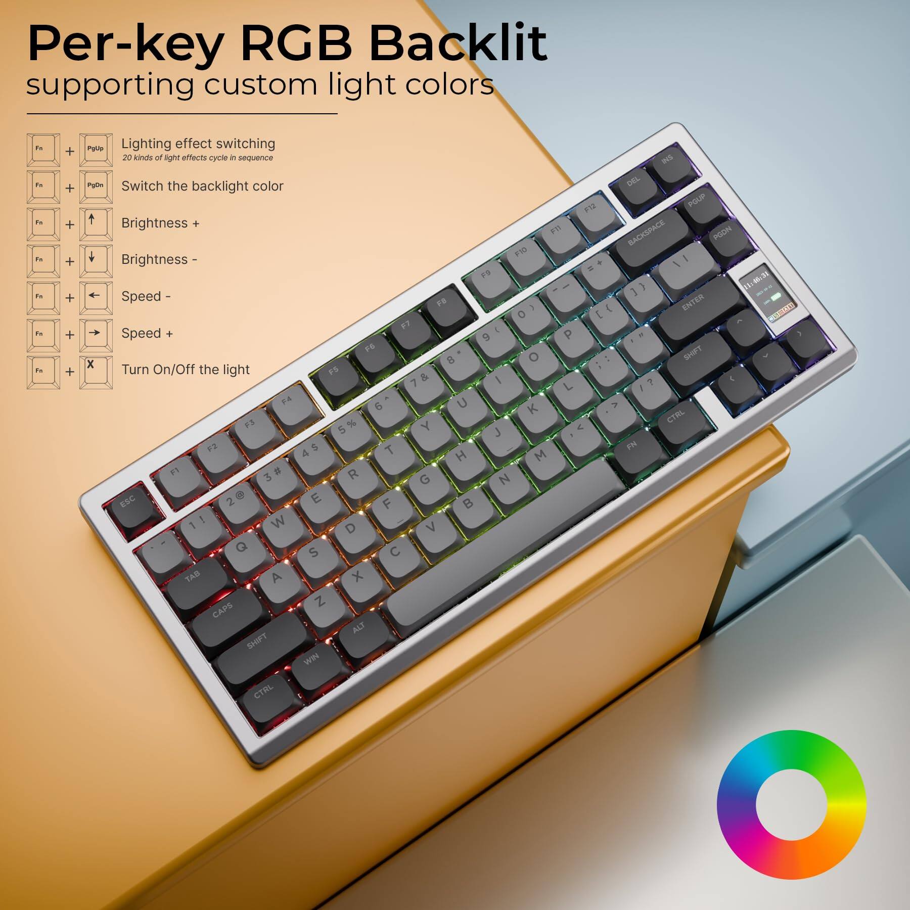 Per-key RGB Backlit supporting custom light colors

- Lighting effect switching
- 20 kinds of light effects cycle in sequence
- Switch the backlight color
- Brightness +
- Brightness -
- Speed -
- Speed +
- Turn On/Off the light