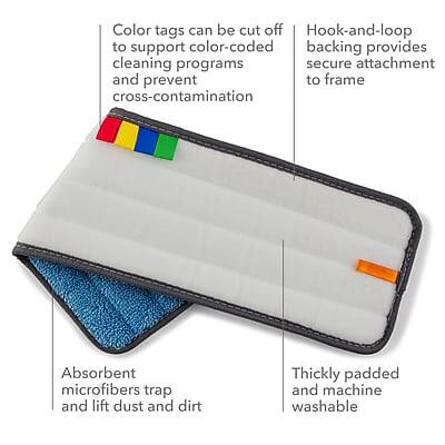 Color tags can be cut off to support color-coded cleaning programs and prevent cross-contamination.  
Hook-and-loop backing provides secure attachment to frame.  
Absorbent microfibers trap and lift dust and dirt.  
Thickly padded and machine washable.