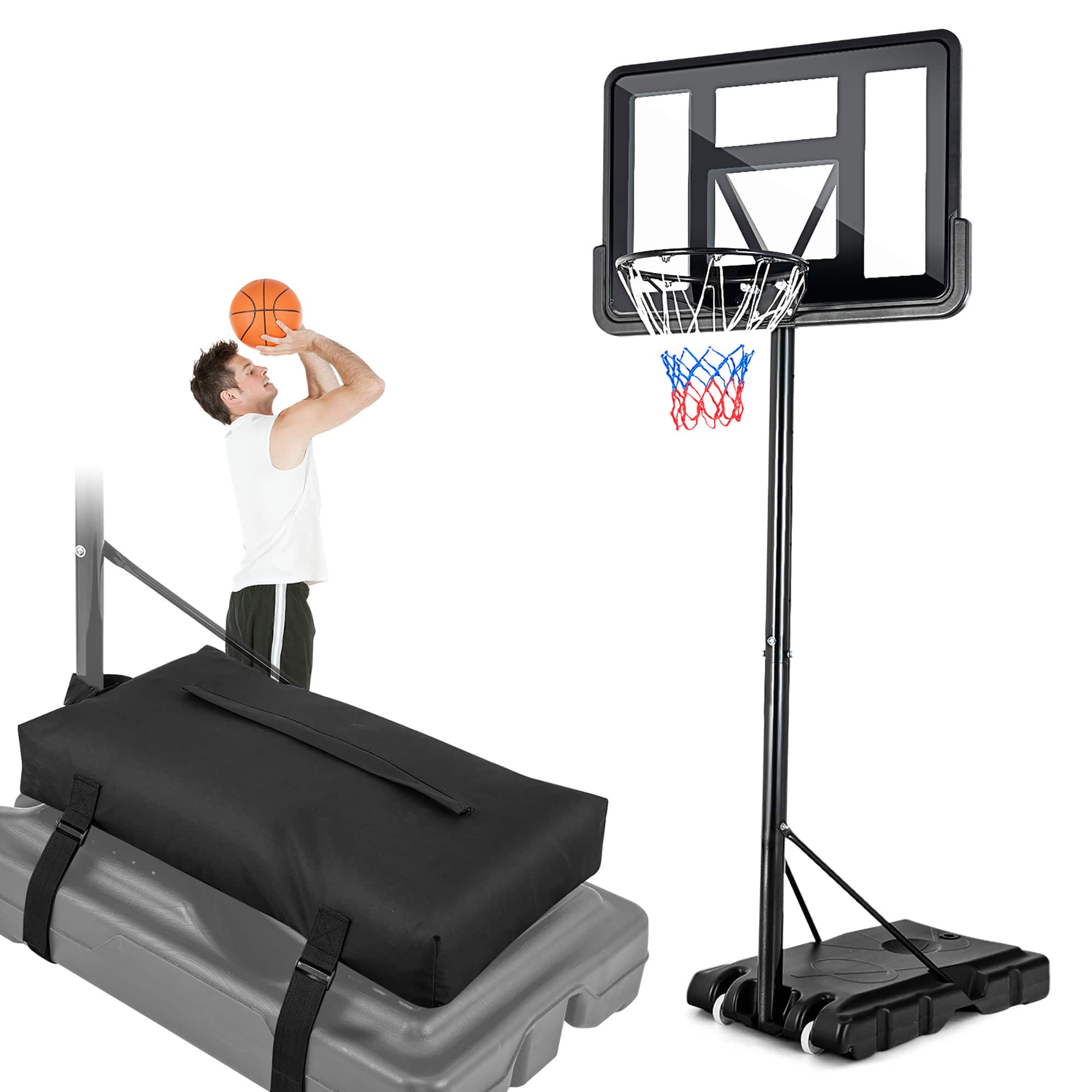 Gymax - Height Adjustable Portable Basketball Hoop System Shatterproof Sandbag 2 Nets - Black