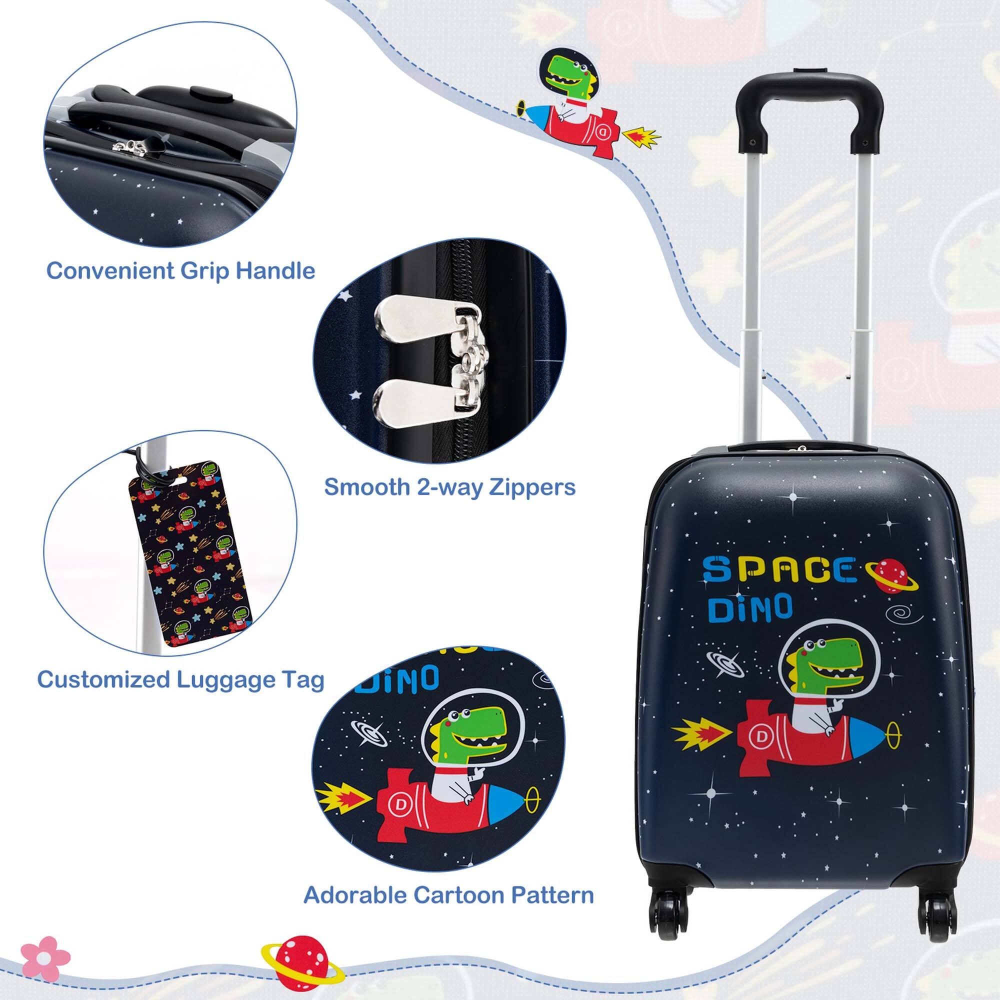 The text on the image describes a blue suitcase with a Space Dino design, featuring a convenient grip handle and smooth 2-way zippers. The suitcase also has a customized luggage tag and an adorable cartoon pattern.