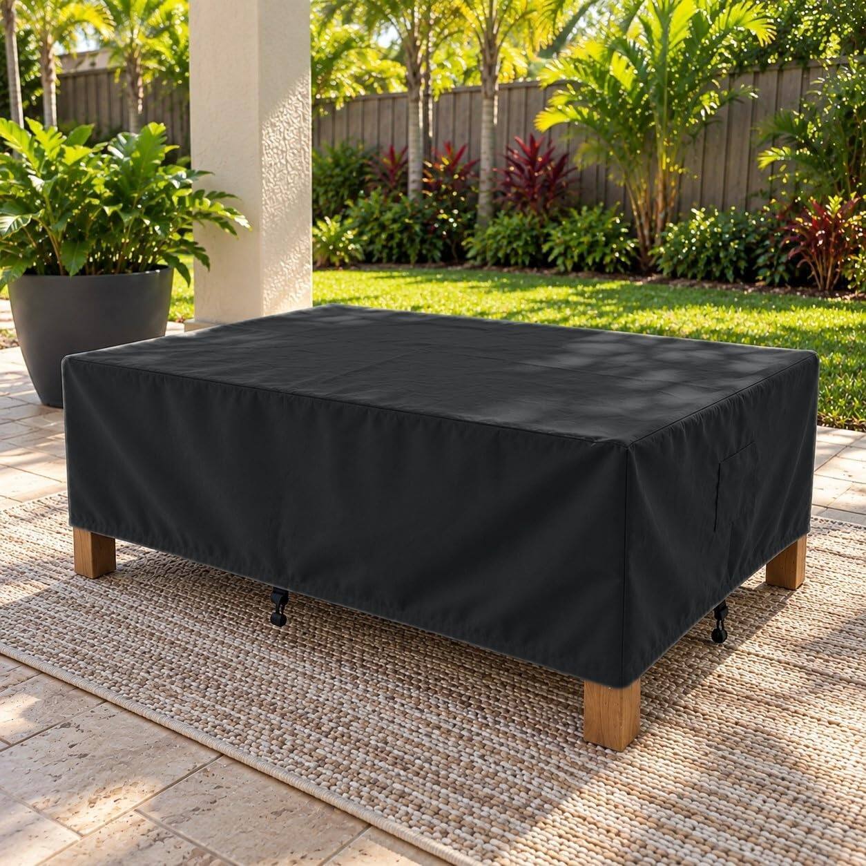 Angle. KHOMO GEAR - Outdoor Coffee Table Cover - Heavy Duty, Water Resistant Rectangular Patio Coffee Table Cover - 40"L x 30"W x 17"H - Black.