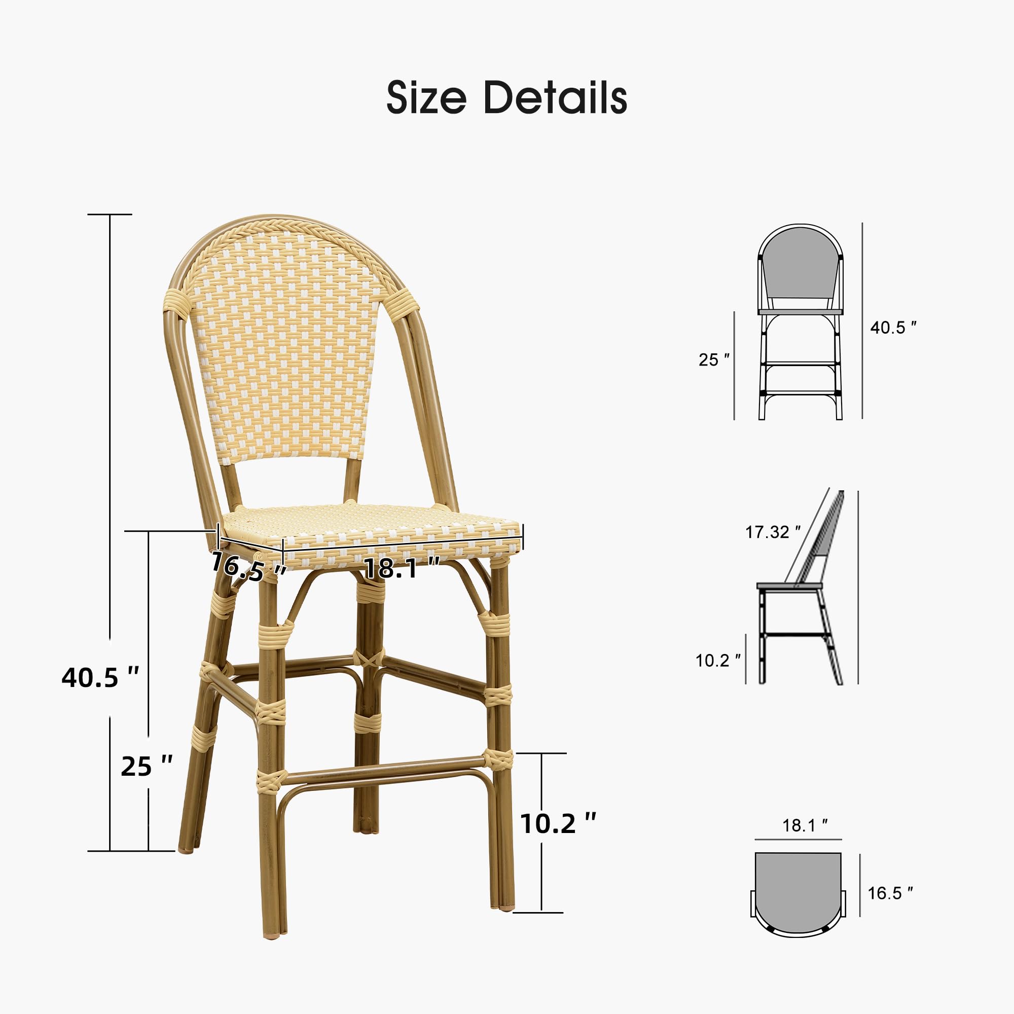 Size Details

- Height: 40.5"
- Seat Height: 10.2"
- Seat Depth: 18.1"
- Seat Width: 16.5"
- Back Height: 25"
- Back Width: 17.32"
- Armrest Height: 10.2"
- Armrest Width: 18.1"
- Armrest Depth: 16.5"