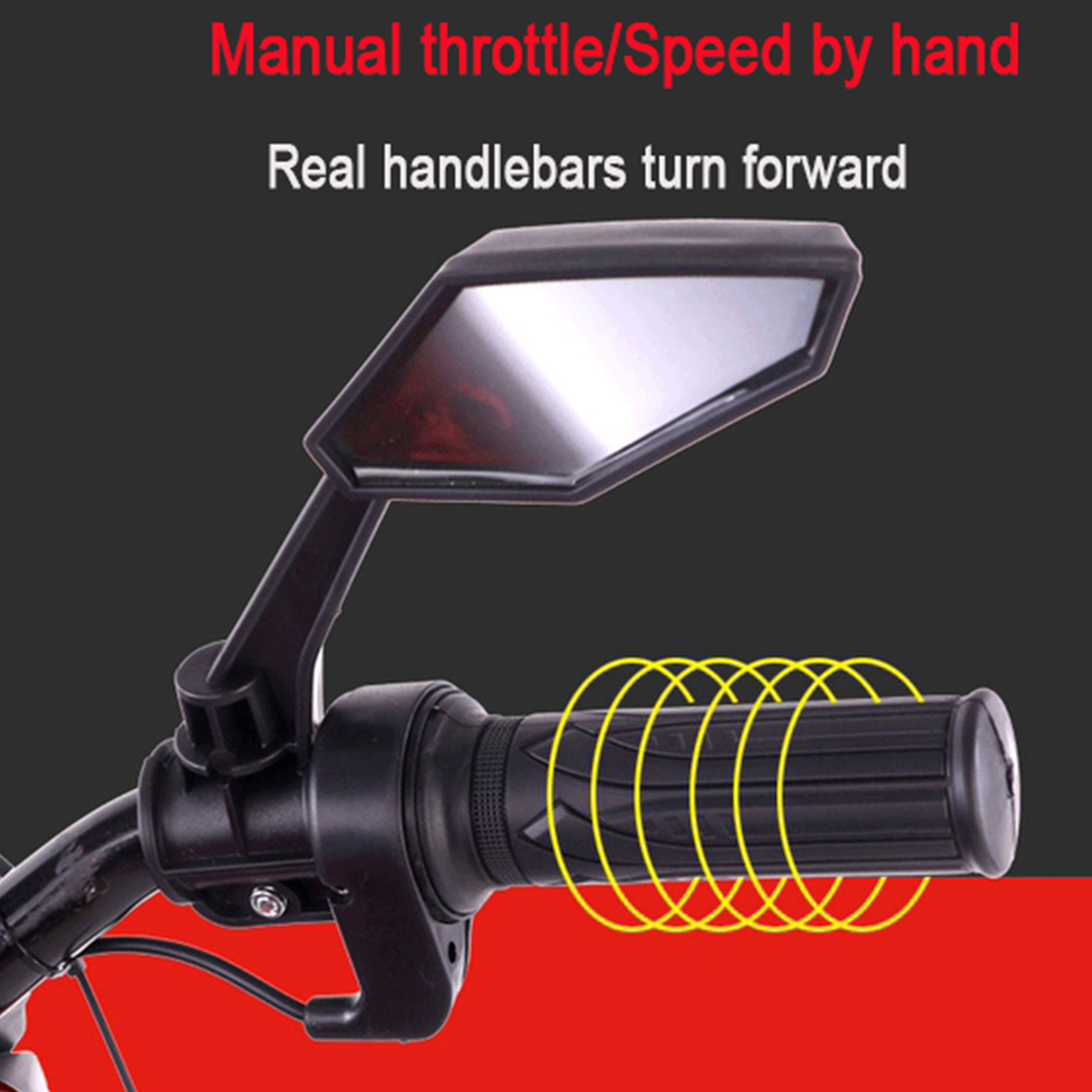 Manual throttle/Speed by hand  
Real handlebars turn forward