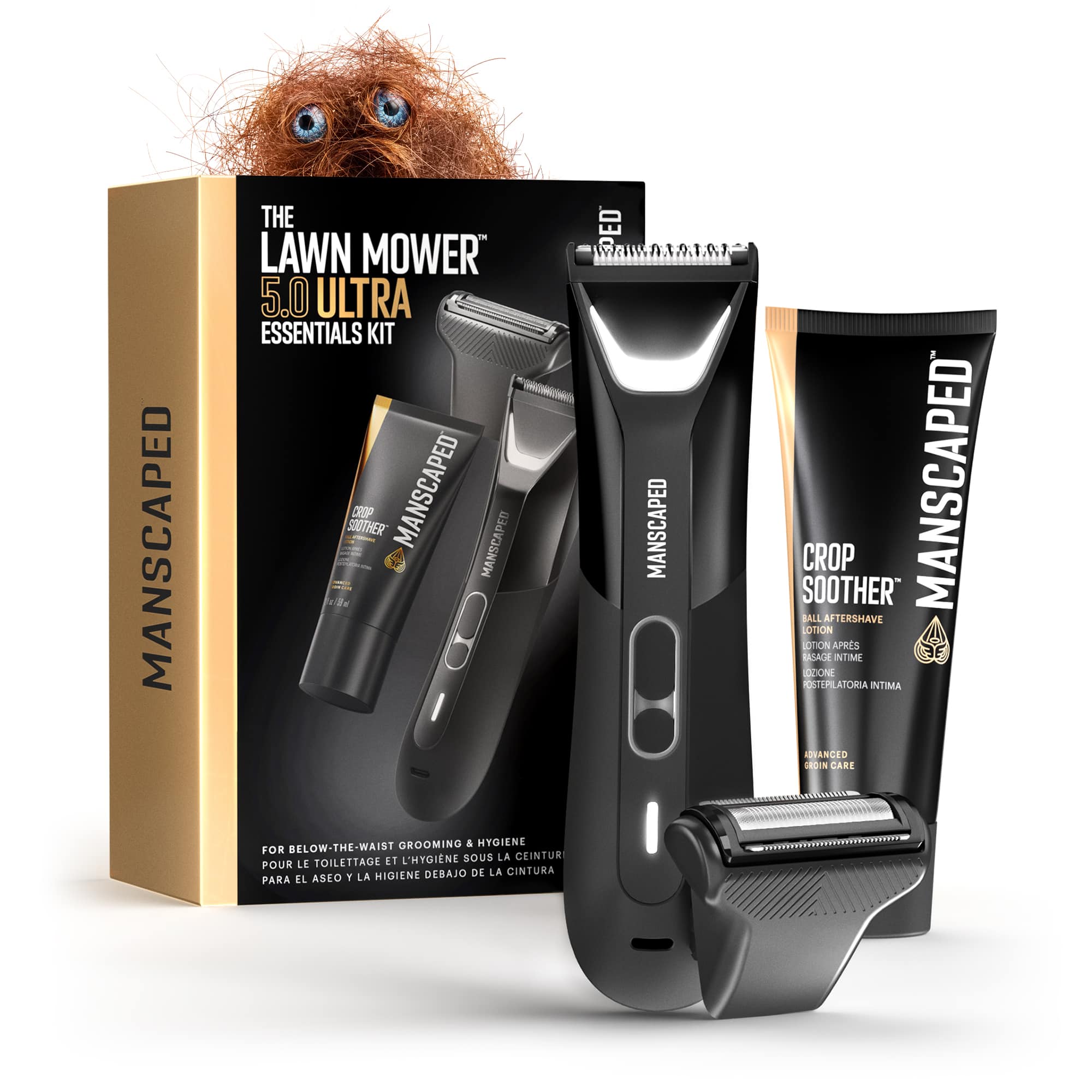 MANSCAPED THE LAWN MOWER 5.0 ULTRA ESSENTIALS KIT SOOTHER CROP MANSCAPED MANSCAPED MANSCAPED GROOMING & HYGIENE FOR BELOW-THE-WAIST LT L'HYGIENE SOUS LA CEINTURE POUR LE TOILETTAGE HIGIENE DEBAJO DE LA CINTURA PARA EL ASEO Y LA SOOTHER CROP MANSCAPED BALL AFTERSHAVE LOTION LOTION APRES RASAGE INTIME VZONE INTIMATE LOTION APRES RASAGE INTIME