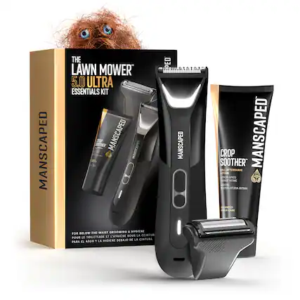MANSCAPED THE LAWN MOWER 5.0 ULTRA ESSENTIALS KIT SOOTHER CROP MANSCAPED MANSCAPED MANSCAPED GROOMING & HYGIENE FOR BELOW-THE-WAIST LT L'HYGIENE SOUS LA CEINTURE POUR LE TOILETTAGE HIGIENE DEBAJO DE LA CINTURA PARA EL ASEO Y LA SOOTHER CROP MANSCAPED BALL AFTERSHAVE LOTION LOTION APRES RASAGE INTIME VZONE INTIMATE LOTION APRES RASAGE INTIME