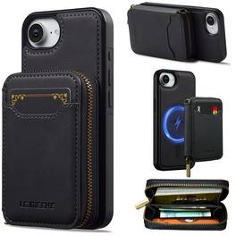 Dteck - 2-in-1 Magnetic Detachable Zipper Wallet Case for Apple iPhone 17e, RFID Blocking PU Leather Phone Cover - Black