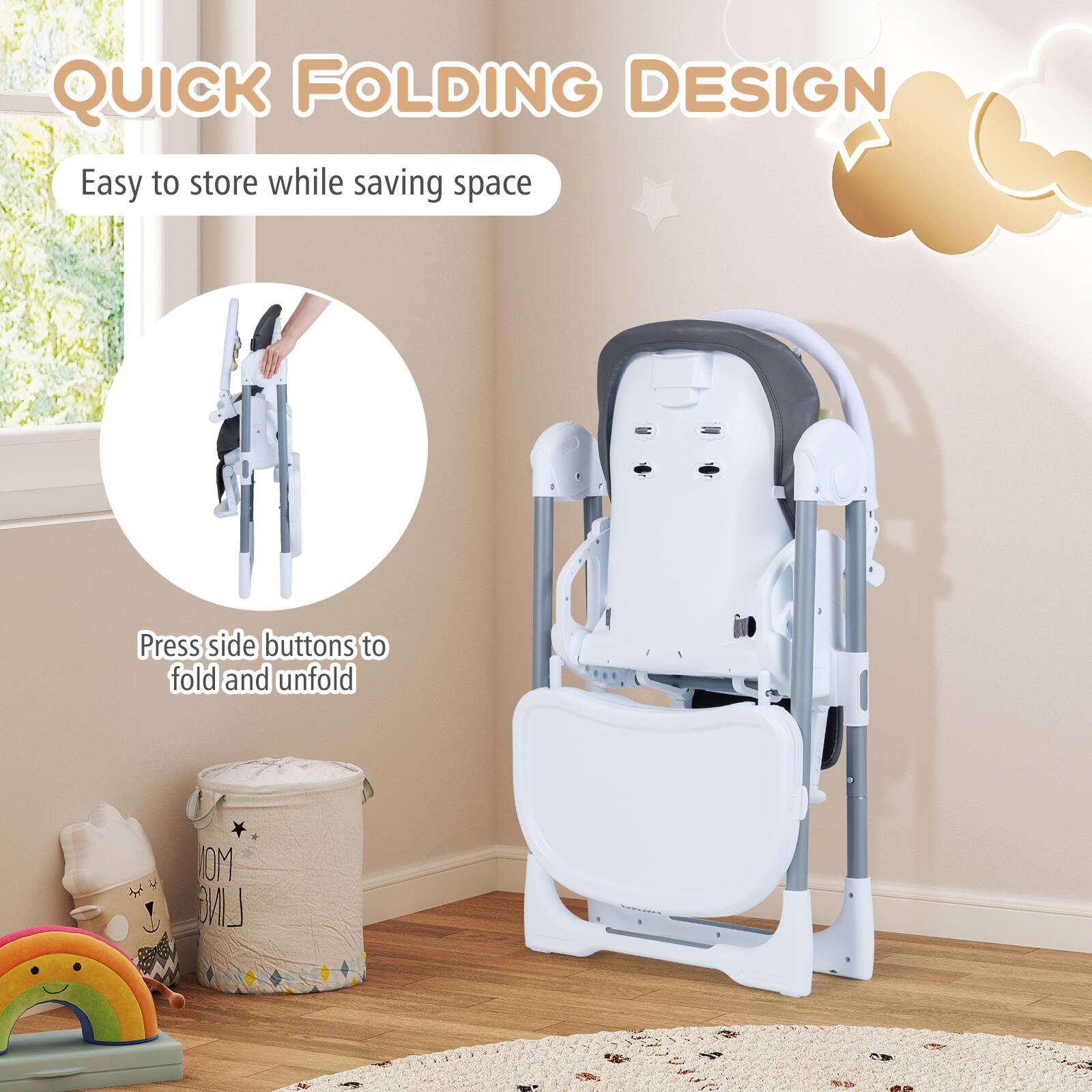 QUICK FOLDING DESIGN  
Easy to store while saving space  

Press side buttons to fold and unfold