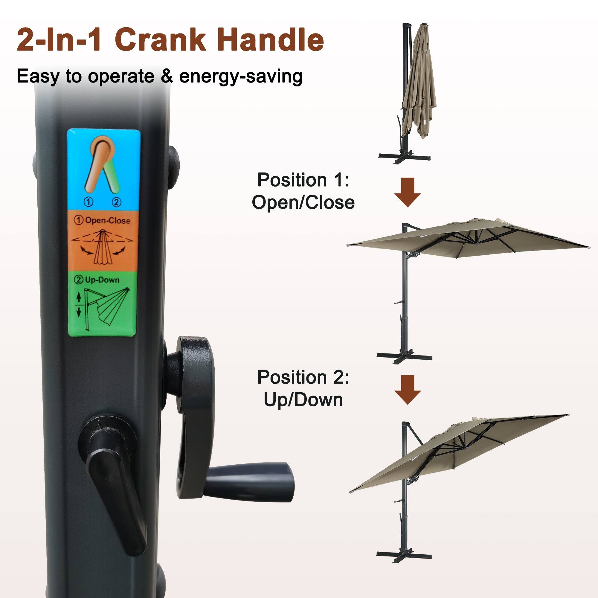 2-In-1 Crank Handle  
Easy to operate & energy-saving  

Position 1: Open/Close  
Position 2: Up/Down  

1. Open/Close  
2. Up/Down