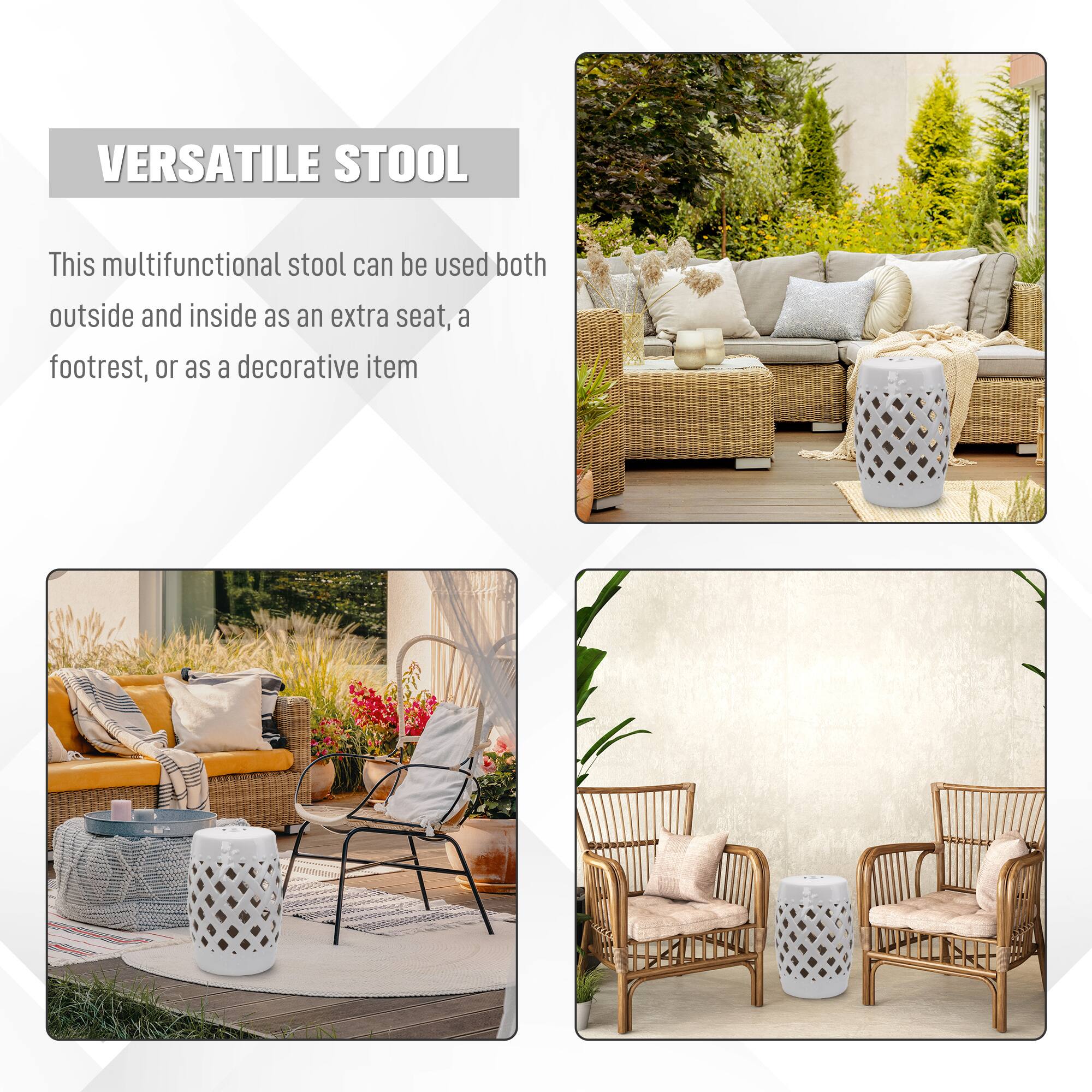 VERSATILE STOOL

This multifunctional stool can be used both outside and inside as an extra seat, a footrest, or as a decorative item.
