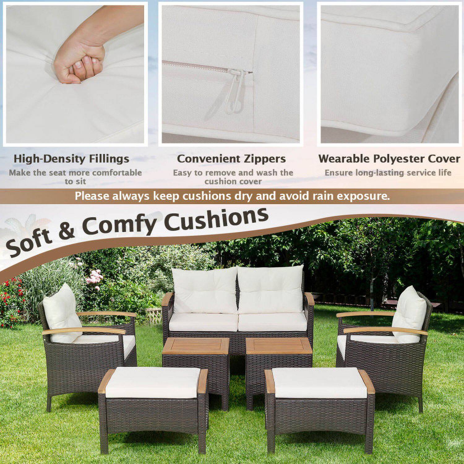 High-Density Fillings  
Make the seat more comfortable to sit  

Convenient Zippers  
Easy to remove and wash the cushion cover  

Wearable Polyester Cover  
Ensure long-lasting service life  

Please always keep cushions dry and avoid rain exposure.  

Soft & Comfy Cushions