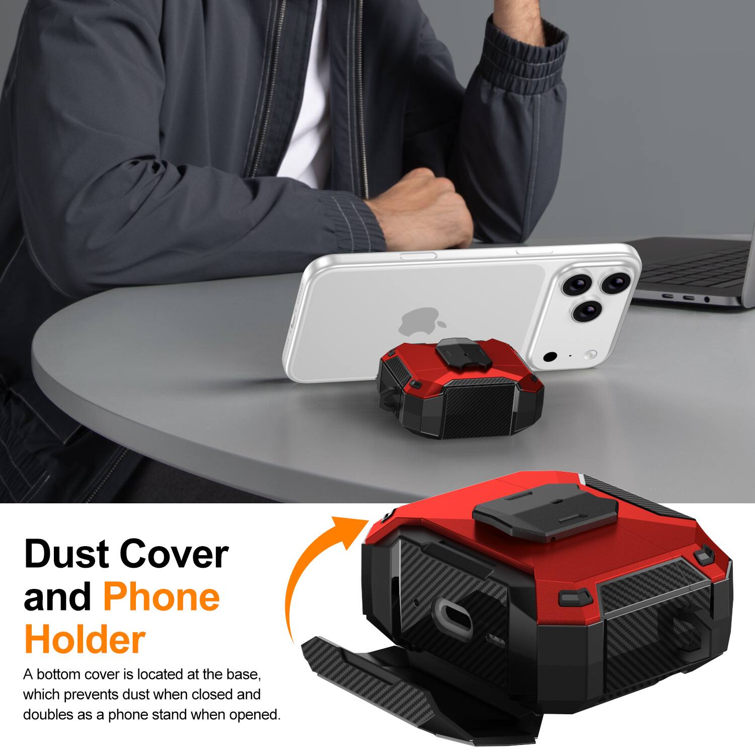 Dust Cover and Phone Holder

A bottom cover is located at the base, which prevents dust when closed and doubles as a phone stand when opened.