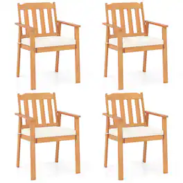 Costway - 4 PCS Patio Dining Chairs with Removable Padded Cushion Armrests Slatted Backrest - Natural,White