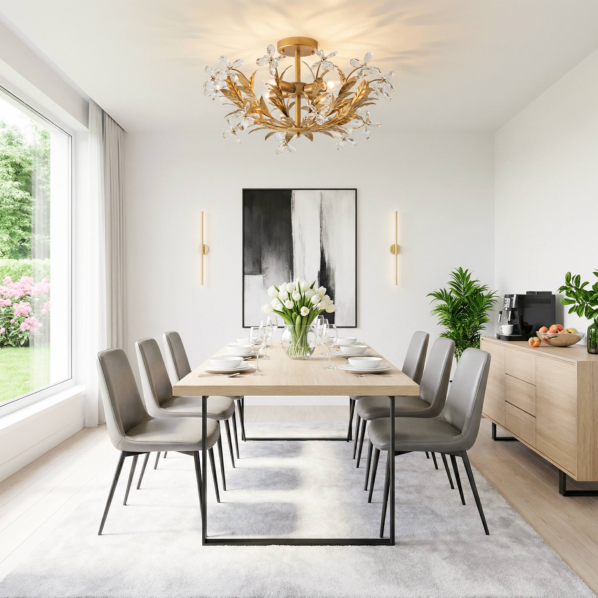 Back. Vaczon - 4-Light 23.6-Inch Dimmable Floral Crystal Semi-Flush Mount Ceiling Light for Bedroom, Hallway and Dining Room - Gold.