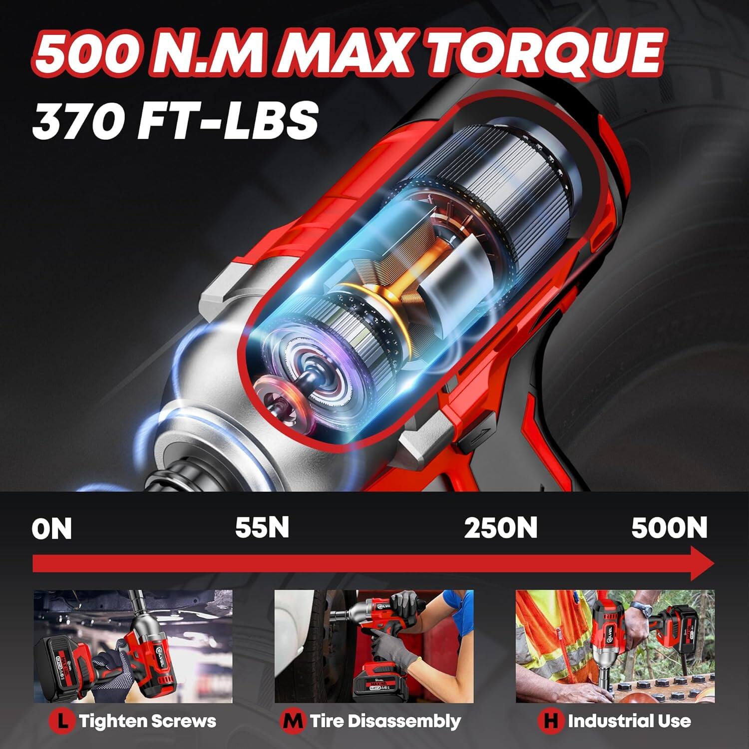 500 N.M MAX TORQUE  
370 FT-LBS  

ON  
55N  
250N  
500N  

L Tighten Screws  
M Tire Disassembly  
H Industrial Use