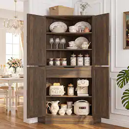 Aheaplus - 70'' Tall Farmhouse Corner Pantry Storage Cabinet, Storage Cupboard with Drawer and 3 Adjustable Shelves - Weathered Brown