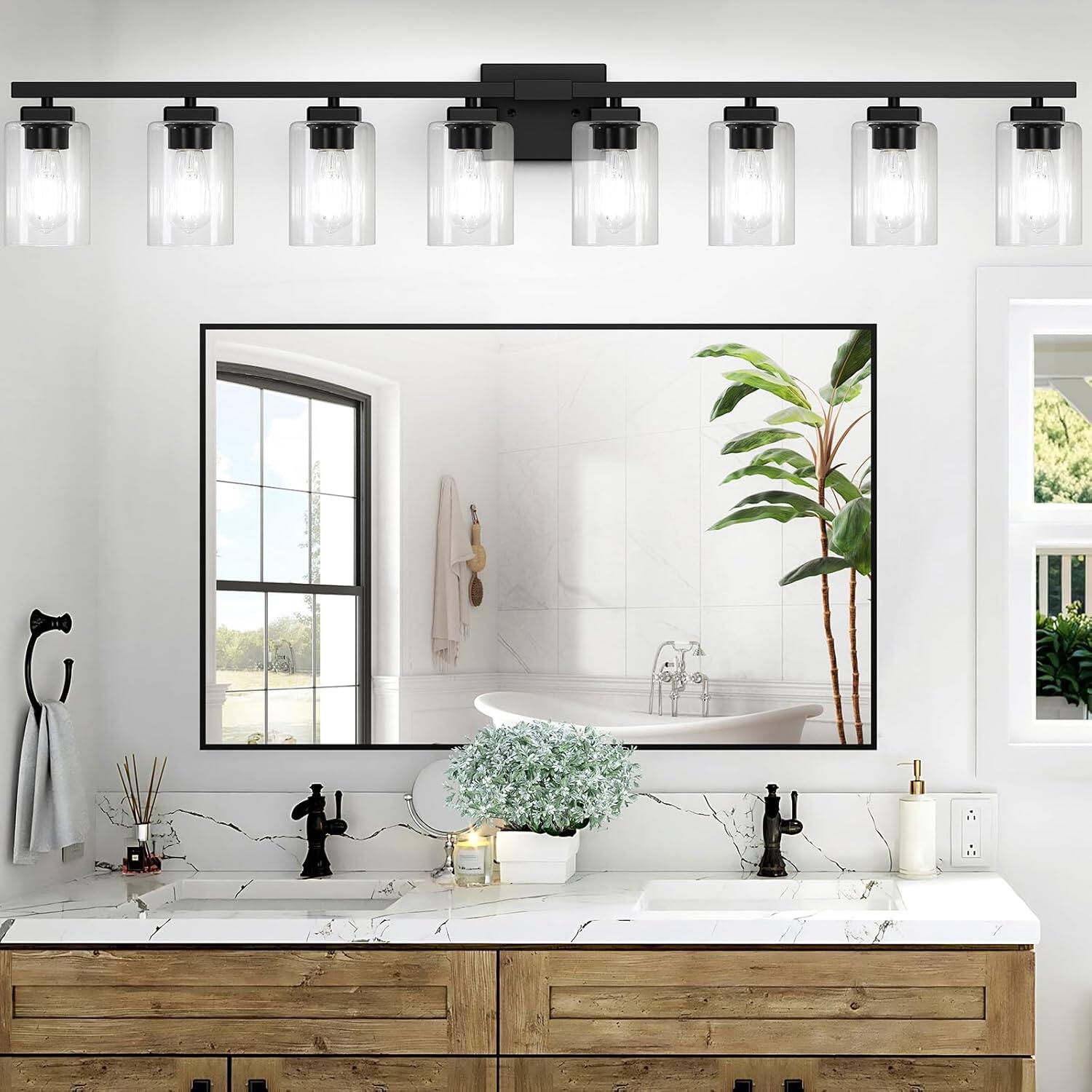 Alt View 2. Nordic Hygge - 51-Inch Modern Black 8-Light Vanity Light Fixture in Matte Black.