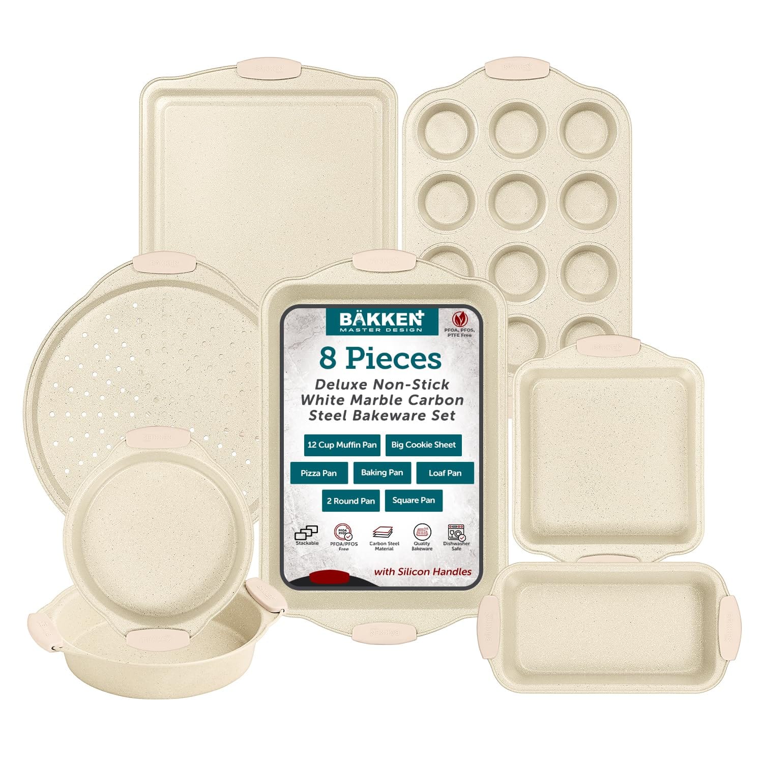 Bakken- Swiss - Deluxe 8-Piece Carbon Steel Bakeware Set - Nonstick Coating, Silicone Handles - Professional Quality Kitche - White Marble