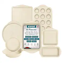 Bakken- Swiss - Deluxe 8-Piece Carbon Steel Bakeware Set - Nonstick Coating, Silicone Handles - Professional Quality Kitche - White Marble
