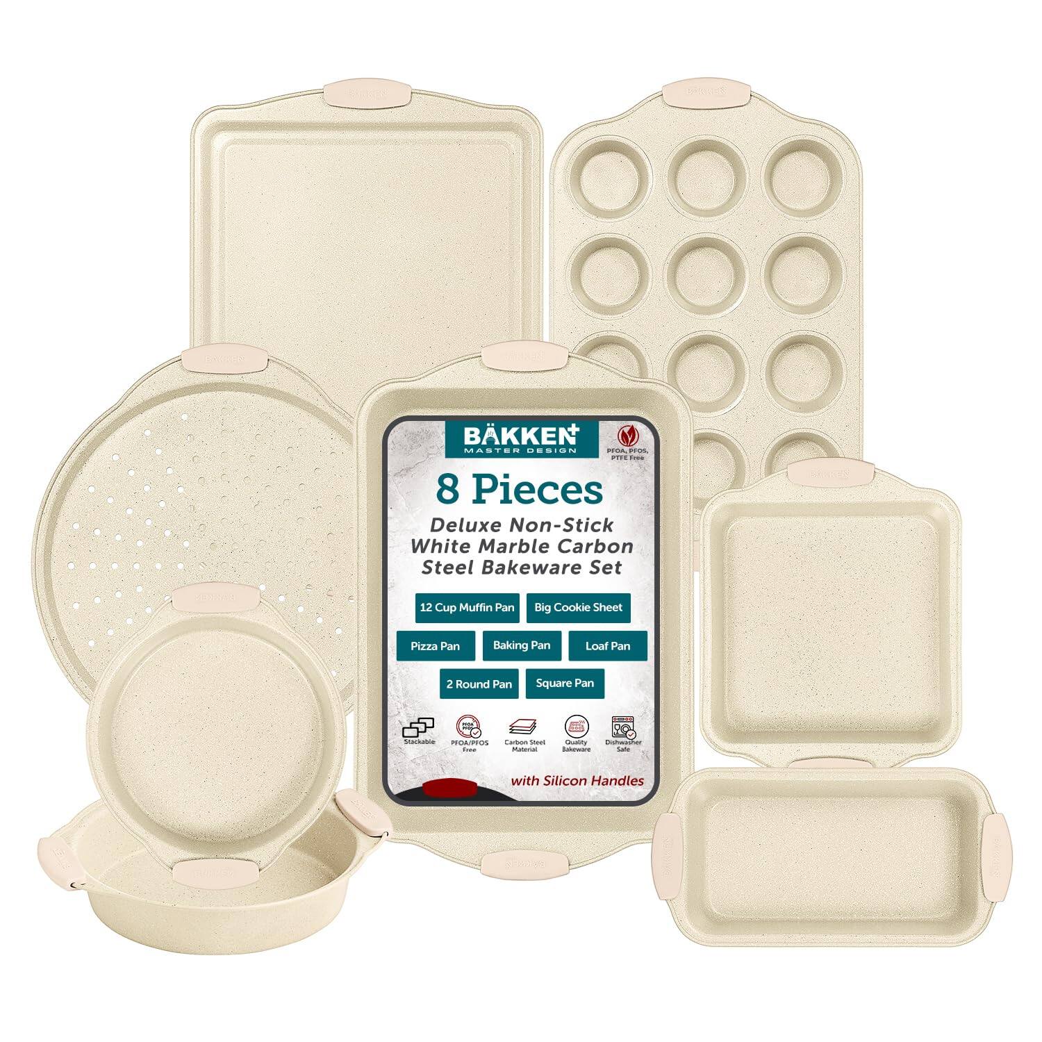 BAKKEN MASTER DESIGN 8 Pieces Deluxe Non-Stick White Marble Carbon Steel Bakeware Set 12 Cup Muffin Pan Big Cookie Sheet Pizza Pan Baking Pan Loaf Pan 2 Round Pan Square Pan with Silicon Handles