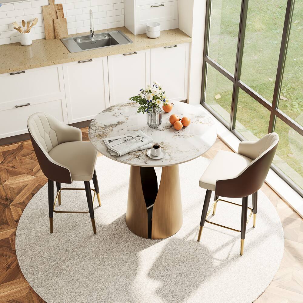 Angle. POVISON - 35" Modern Round Counter Height Bar Table for 2-4 People, Pandora Glossy Bistro Table with Bronze Base - Pandora & Bronze.