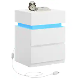 Songmics Home - Nightstand with LED Lights, Adjustable Light Colors, Bedside Table, Side Table with 3 Drawers, Modern Style - Cloud White