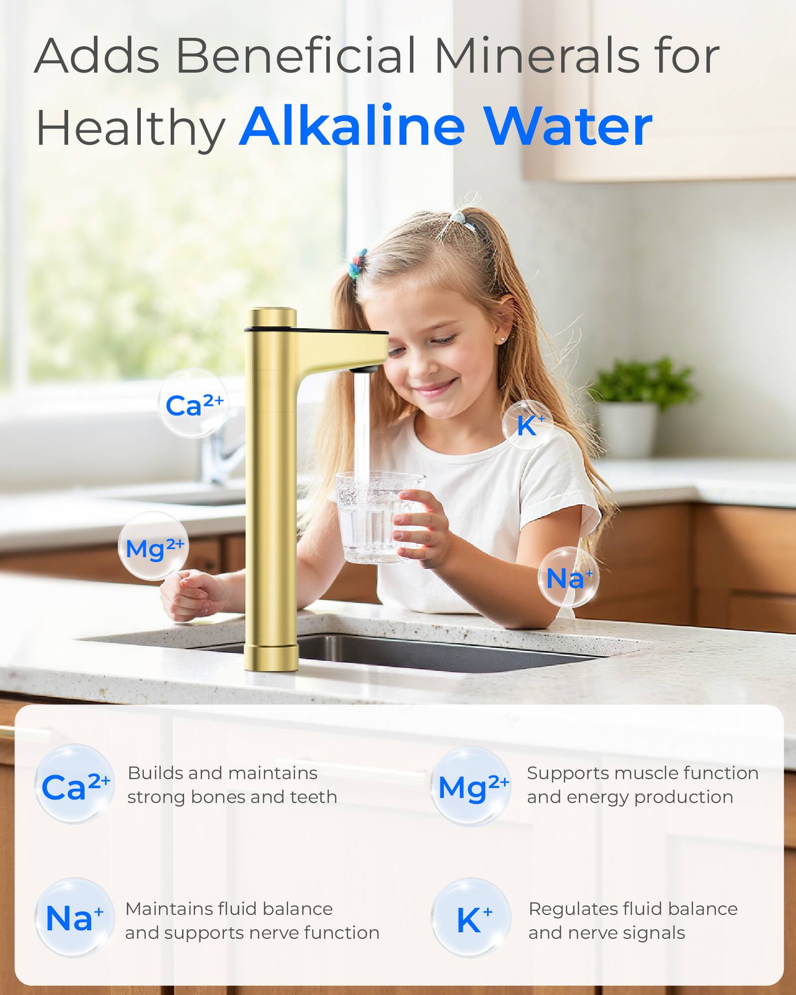 Adds Beneficial Minerals for Healthy Alkaline Water

Ca²⁺
K⁺
Mg²⁺
Na⁺

Builds and maintains Ca²⁺ strong bones and teeth
Supports muscle function Mg²⁺ and energy production
Maintains fluid balance Na⁺ and supports nerve function
Regulates fluid balance and nerve signals K⁺