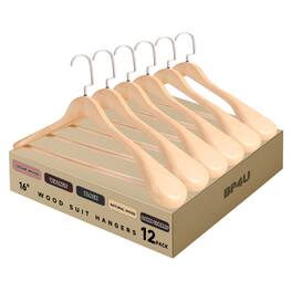 BP4U - 12-Pack Premium Wide Shoulder Wooden Suit Hangers, 16" Women's Solid Wood Clother Hangers with Pant Bar - Natural Wood