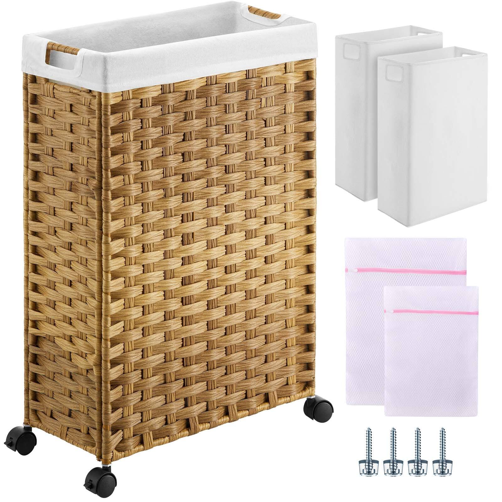 Front. DORLUKFU - Greenstell Laundry Hamper with Wheels, 11.9 Gallon (45L) Small Clothes Hamper with 2 Removable Liner Bags & 2 Mesh Bags, - Natural.